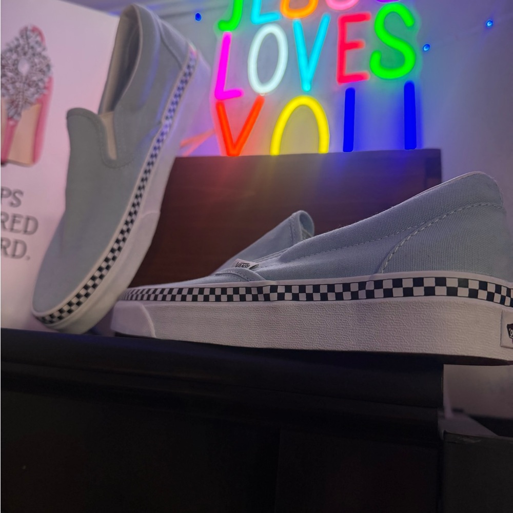 Vans Light Blue Checkerboard Slip-Ons